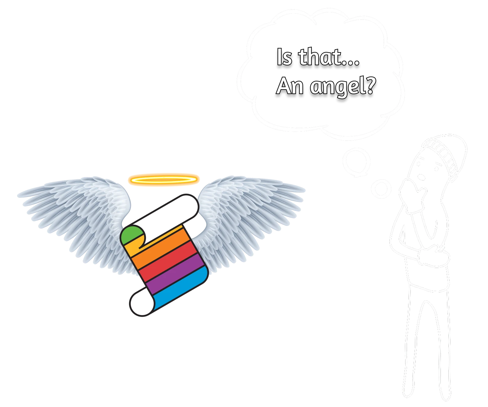 The AppleScript script icon with angel wings and a halo, while an ExtraBar character looks up and asks whether it is an angel